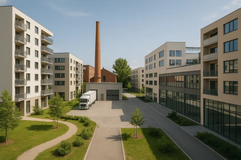 Moderner Wirtschaftspark in Wien mit Büros, Produktionsflächen und angrenzendem Wohnbau