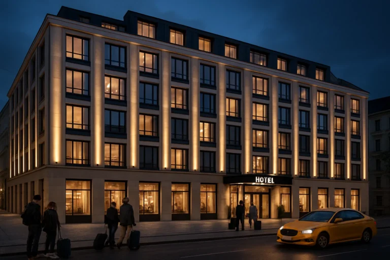 Modernes Hotelgebäude in Wien bei Abendbeleuchtung mit Anzeichen von lebhaftem Tourismus