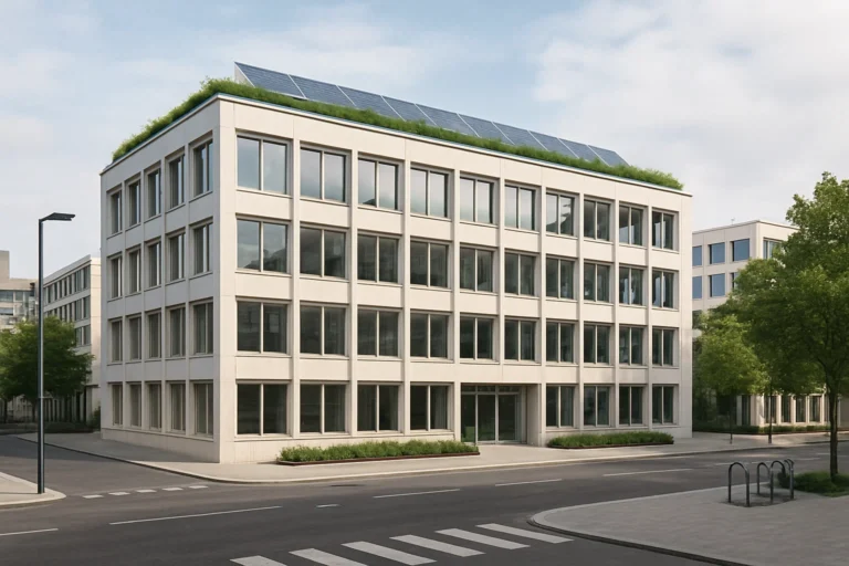 Revitalisiertes Bürogebäude aus den 1970er-Jahren mit moderner Fassade und Solarpanelen auf dem Dach