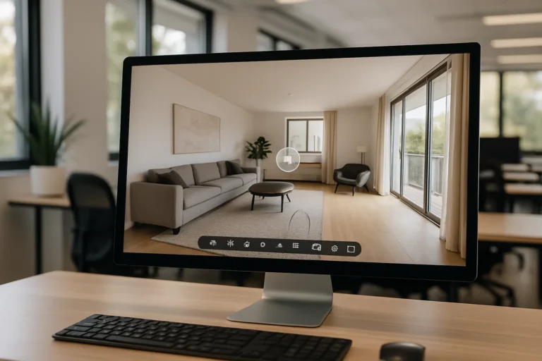 Ein Immobilien-Webseite zeigt einen virtuellen Rundgang durch eine moderne Wohnung auf einem Computerbildschirm