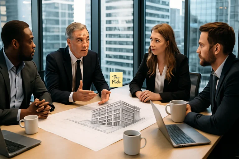 Kollegen aus der Gewerbeimmobilienbranche diskutieren in einem modernen Besprechungsraum aktiv über ein Projekt und geben sich gegenseitig Feedback