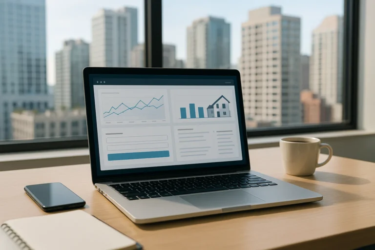 Laptop mit geöffneter CRM-Software für die Lead-Generierung in einem modernen Immobilienbüro