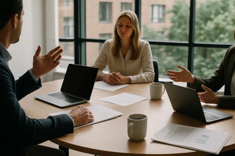 Teammitglieder im modernen Büro bei einer ruhigen Besprechung mit Fokus auf Gesten und Zusammenarbeit