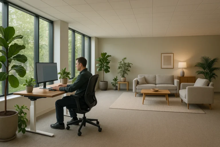 Ein moderner, ergonomischer Büroraum mit natürlichem Licht, grünen Pflanzen und einer entspannenden Atmosphäre, die das Wohlbefinden fördert