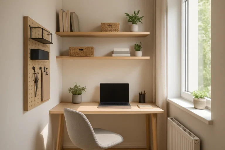 Ein kleines, helles Heimbüro mit Wandregalen, einem minimalistischen Schreibtisch am Fenster und gut organisiertem Arbeitsbereich