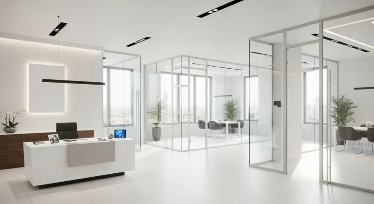 Moderne, helle Gewerberäume mit flexiblem Grundriss, bereit zur Anmietung für Unternehmen, mit Empfangsbereich und offenen Arbeitsflächen