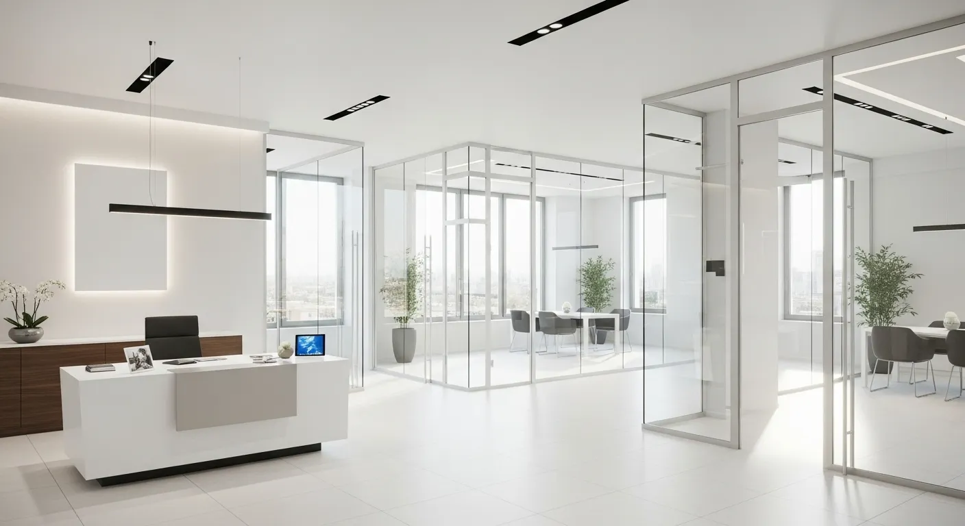 Moderne, helle Gewerberäume mit flexiblem Grundriss, bereit zur Anmietung für Unternehmen, mit Empfangsbereich und offenen Arbeitsflächen