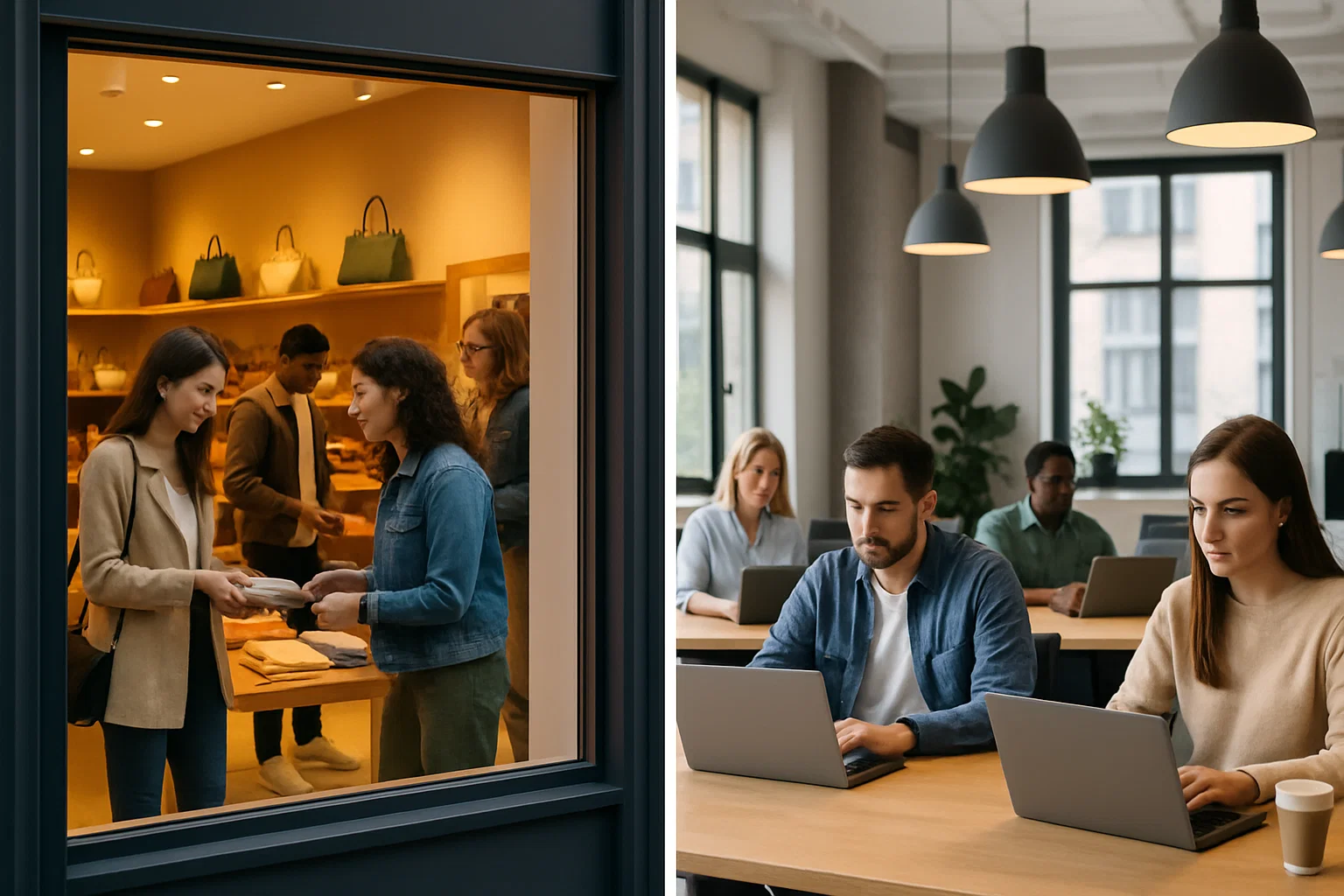 Vergleich zwischen einer belebten Ladenfläche und einem modernen Büro – symbolisiert die Wahlmöglichkeiten bei der Gewerberaumplanung für Unternehmen