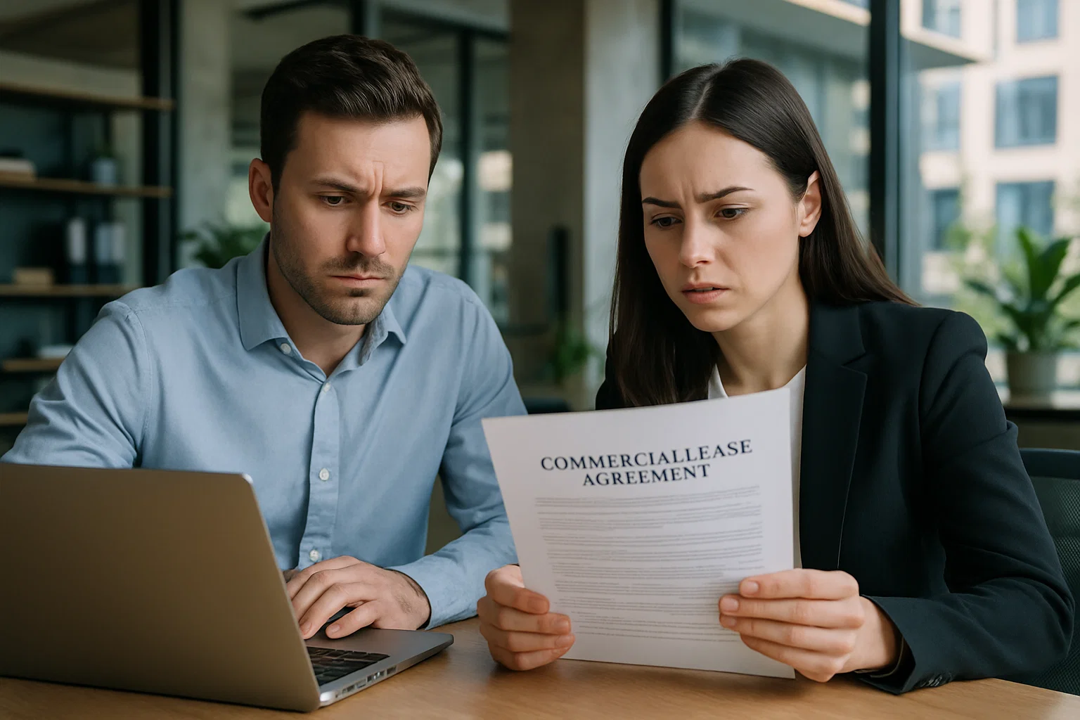 Zwei Personen in einem modernen Büro prüfen gemeinsam einen Gewerbemietvertrag mit konzentriertem Blick – Symbol für wichtige Mietentscheidungen und mögliche Risiken
